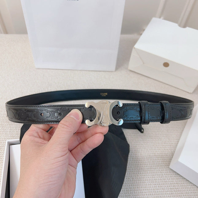 CELINE 25S BELT 25MM TRIOMPHE IN BLACK CALFSKIN SILVER HARDWARE 563333