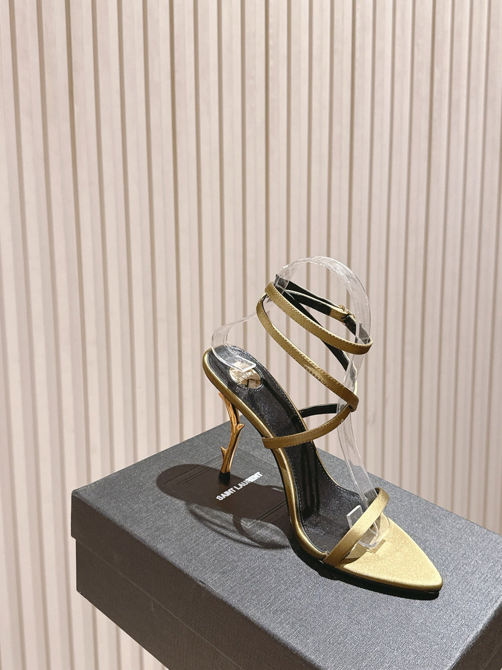 YSL 25S STRAPPY HIGH-HEEL SANDALS 100 MM IN OLIVE GREEN LAMBSKIN