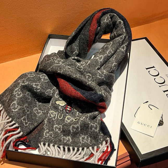 SCARF 180 CM IN BLACK CASHMERE WITH BEE PATTERN 396473
