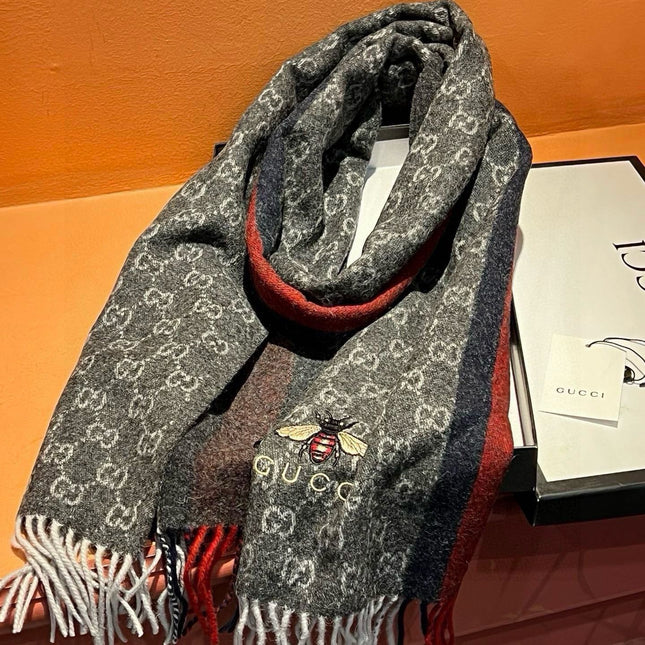 SCARF 180 CM IN BLACK CASHMERE WITH BEE PATTERN 396473