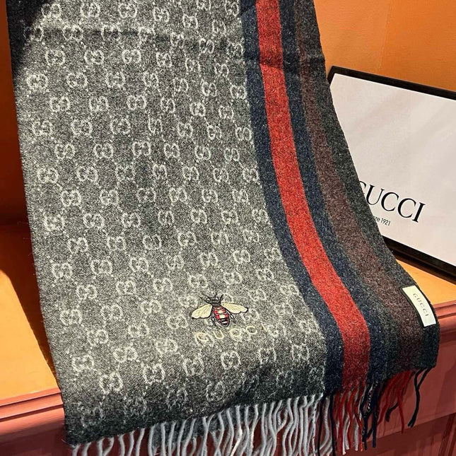 SCARF 180 CM IN BLACK CASHMERE WITH BEE PATTERN 396473