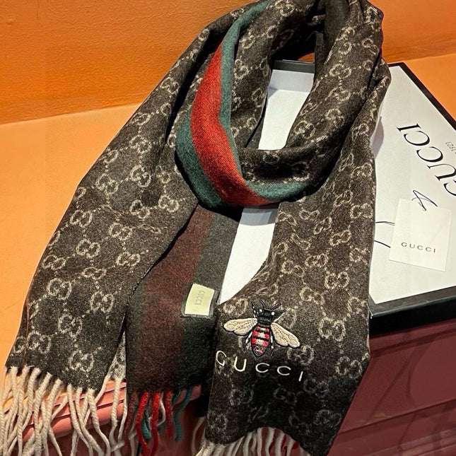 SCARF 180 CM IN CAROB BROWN CASHMERE WITH BEE PATTERN 396475