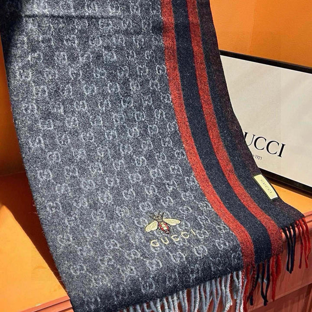 SCARF 180 CM IN NAVY BLUE CASHMERE WITH BEE PATTERN 396476