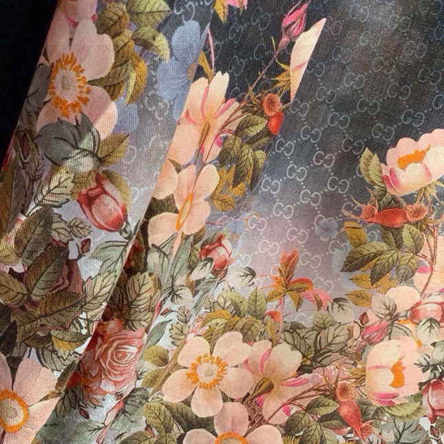 SCARF 200 CM IN BLACK CASHMERE WITH COLORFUL FLOWER 405252