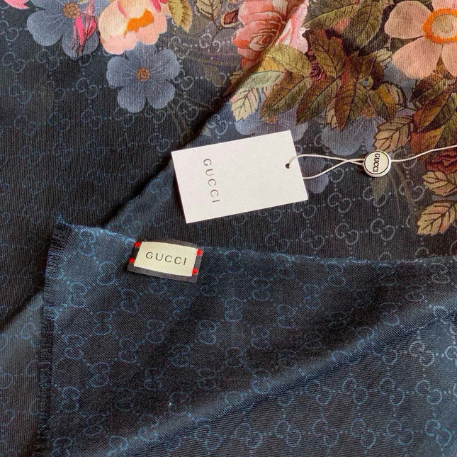 SCARF 200 CM IN BLACK CASHMERE WITH COLORFUL FLOWER 405252