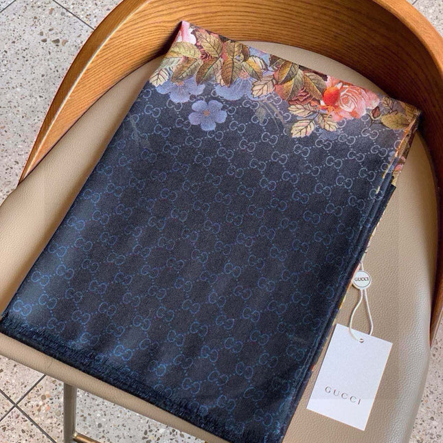SCARF 200 CM IN BLACK CASHMERE WITH COLORFUL FLOWER 405252