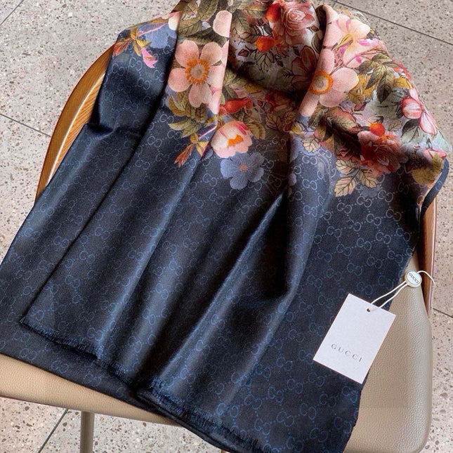 SCARF 200 CM IN BLACK CASHMERE WITH COLORFUL FLOWER 405252