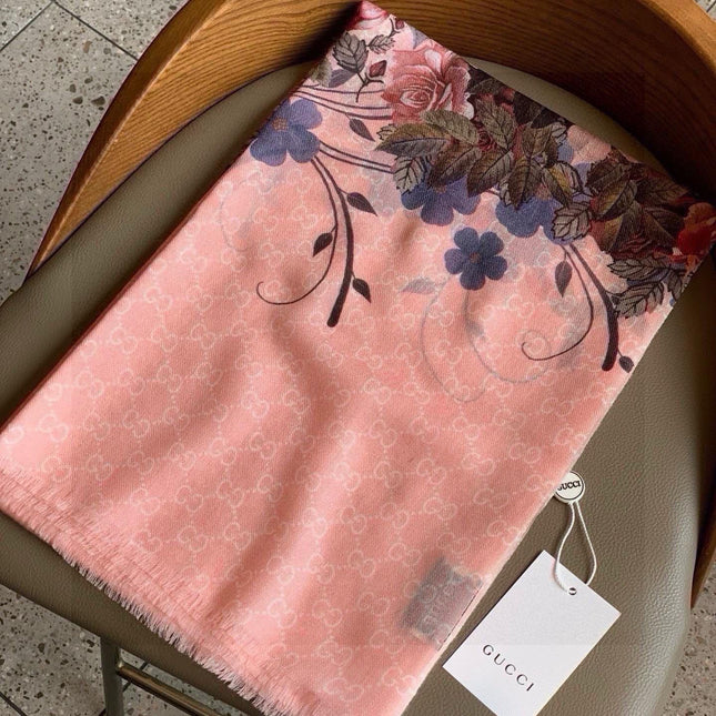 SCARF 200 CM IN BLUSH PINK CASHMERE WITH COLORFUL FLOWER 405253