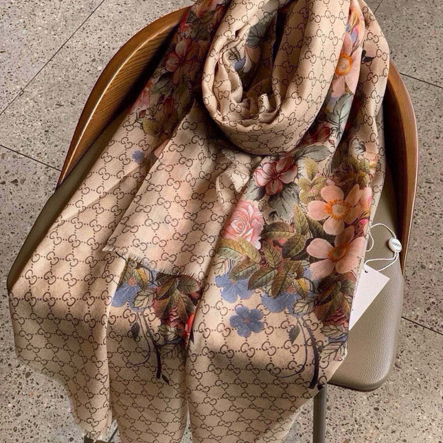 SCARF 200 CM IN MEDIUM BROWN CASHMERE WITH COLORFUL FLOWER 405254