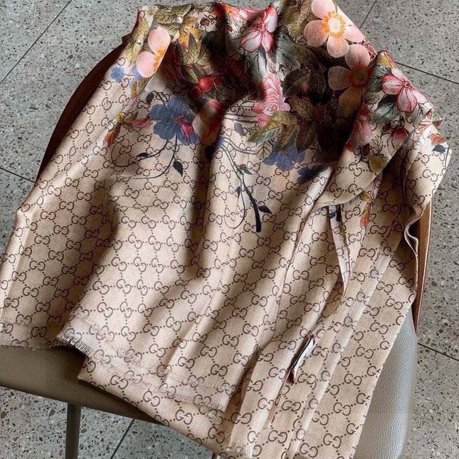 SCARF 200 CM IN MEDIUM BROWN CASHMERE WITH COLORFUL FLOWER 405254