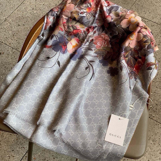 SCARF 200 CM IN DOVE GRAY CASHMERE WITH COLORFUL FLOWER 405255