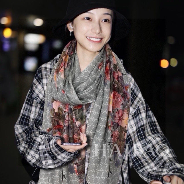 SCARF 200 CM IN DOVE GRAY CASHMERE WITH COLORFUL FLOWER 405255