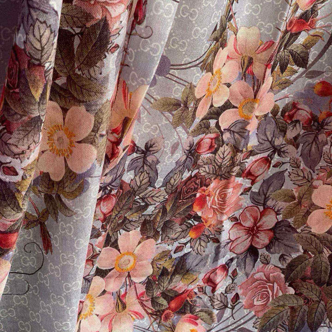 SCARF 200 CM IN DOVE GRAY CASHMERE WITH COLORFUL FLOWER 405255