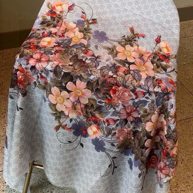 SCARF 200 CM IN DOVE GRAY CASHMERE WITH COLORFUL FLOWER 405255