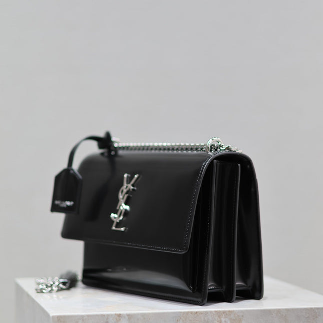 YSL 25S SUNSET MEDIUM 22 IN BLACK SHINY CALFSKIN SILVER HARDWARE