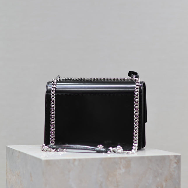 YSL 25S SUNSET MEDIUM 22 IN BLACK SHINY CALFSKIN SILVER HARDWARE