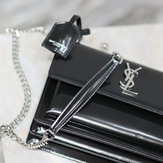 YSL 25S SUNSET MEDIUM 22 IN BLACK SHINY CALFSKIN SILVER HARDWARE