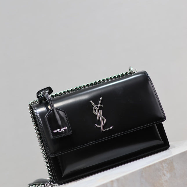 YSL 25S SUNSET MEDIUM 22 IN BLACK SHINY CALFSKIN SILVER HARDWARE