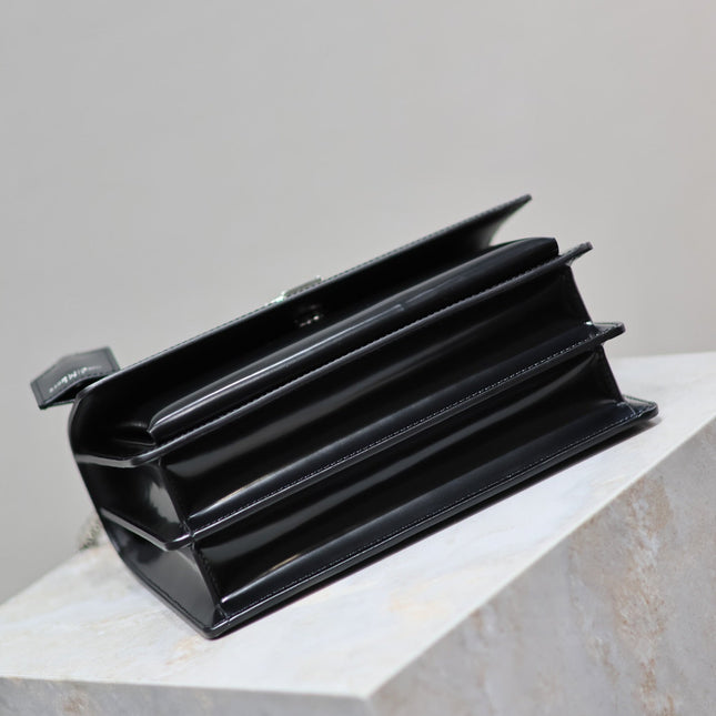 YSL 25S SUNSET MEDIUM 22 IN BLACK SHINY CALFSKIN SILVER HARDWARE