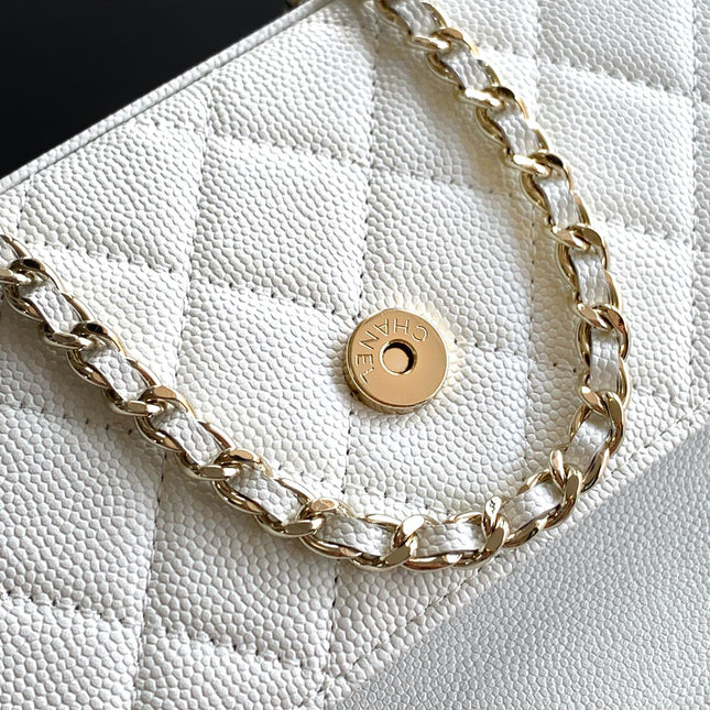 CHANEL 25S KELLY BAG 18 IN WHITE CAVIAR LEATHER WITH GOLD HARDWARE