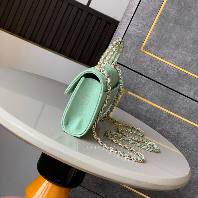 CHANEL 25S KELLY BAG 18 IN LIGHT GREEN CAVIAR LEATHER WITH GOLD HARDWARE
