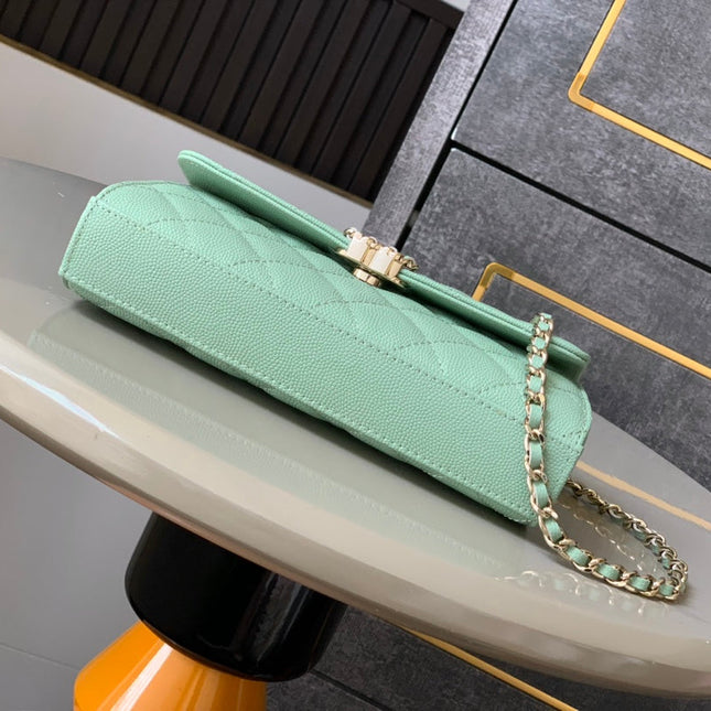 CHANEL 25S KELLY BAG 18 IN LIGHT GREEN CAVIAR LEATHER WITH GOLD HARDWARE