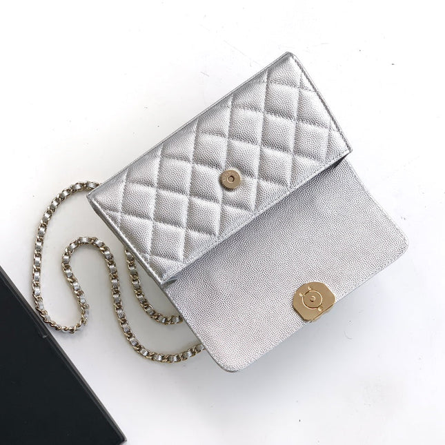 CHANEL 25S KELLY BAG 18 IN SILVER CAVIAR LEATHER WITH GOLD HARDWARE STYLE 2