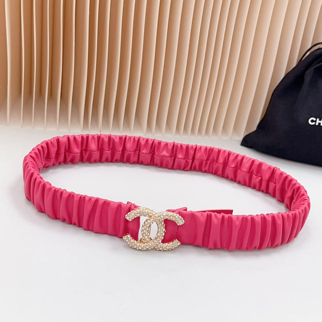 CC ELASTIC 30 MM  BELT IN RED PINK CALFSKIN WITH GOLD LOGO ATTACH RHINSTONES