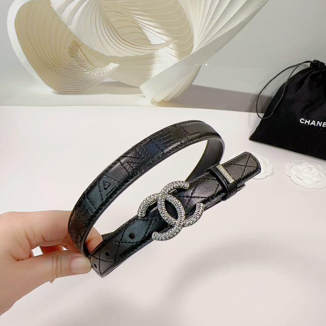 CC BELT 20 MM IN BLACK EMBROIDERED CALFSKIN WITH SILVER HARDWARE
