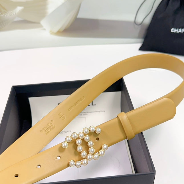CC BELT 30 MM IN AMBER YELLOW SMOOTH CALFSKIN WITH GOLD HARDWARE ATTACH PEARL