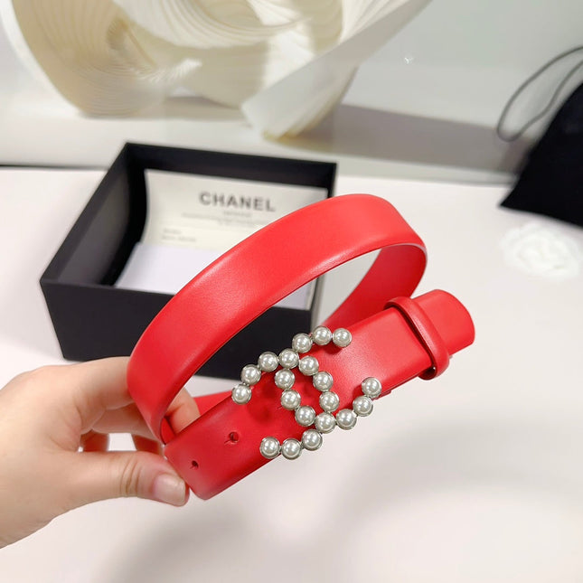 CC BELT 30 MM IN CRIMSON RED SMOOTH CALFSKIN WITH SILVER HARDWARE ATTACH PEARL