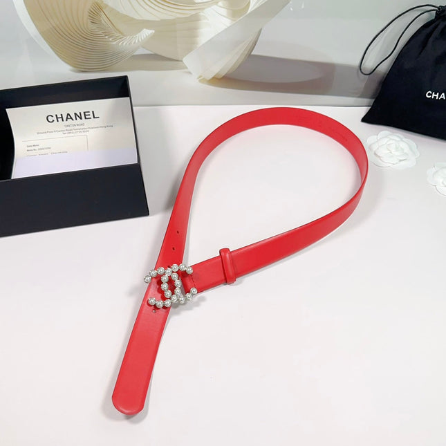 CC BELT 30 MM IN CRIMSON RED SMOOTH CALFSKIN WITH SILVER HARDWARE ATTACH PEARL