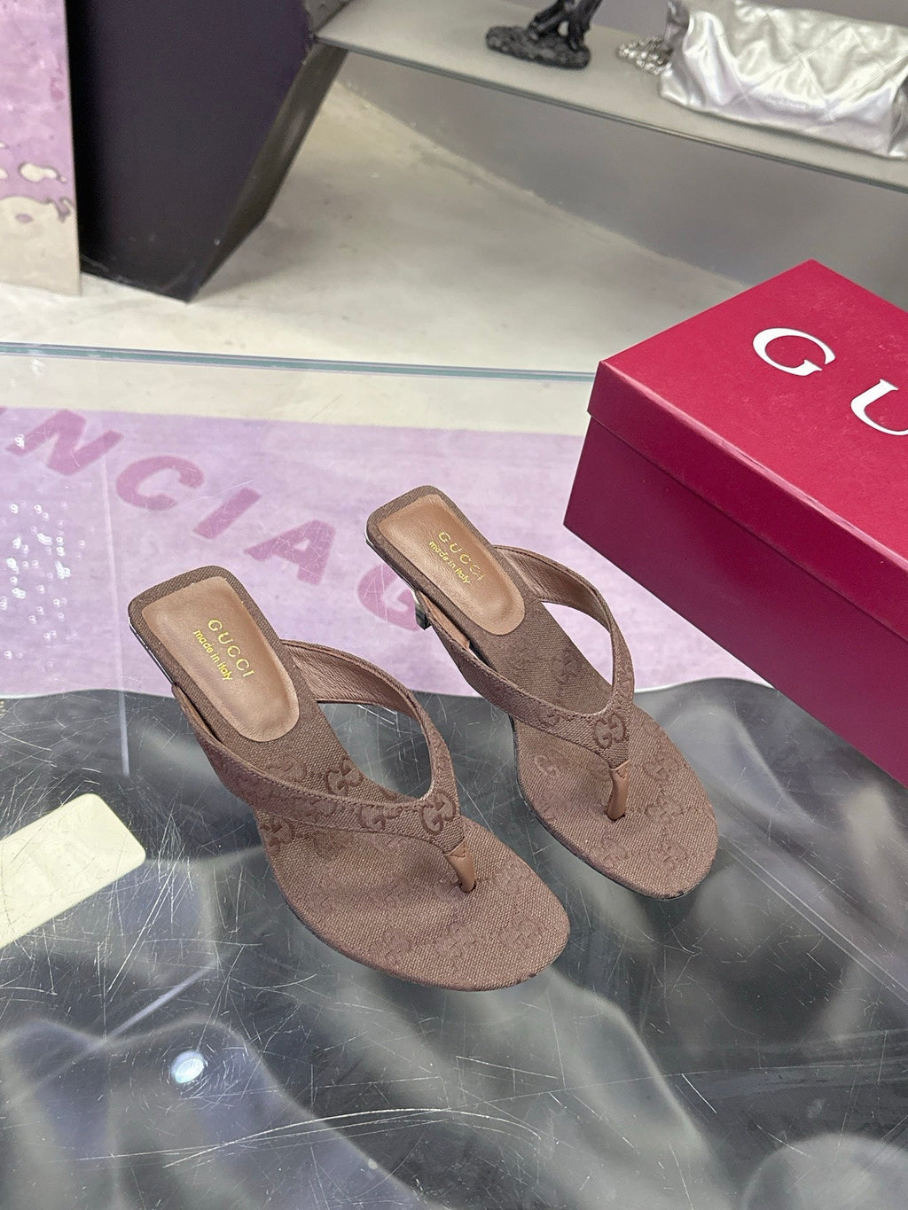 GUCCI 26S THONG KITTEN HEEL SANDALS 55MM IN BROWN GG CANVAS