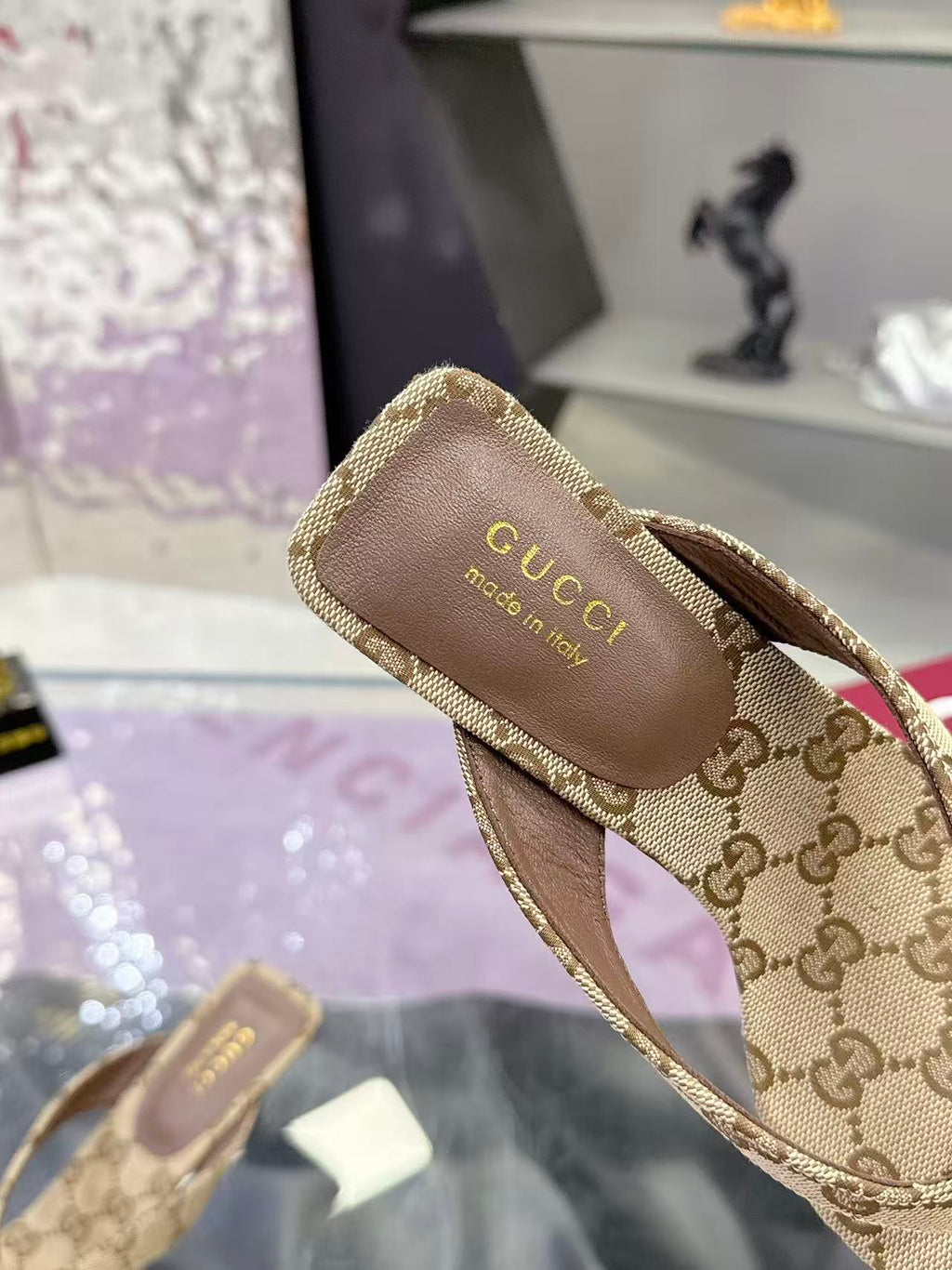 GUCCI 26S THONG KITTEN HEEL SANDALS 55MM IN BEIGE GG CANVAS