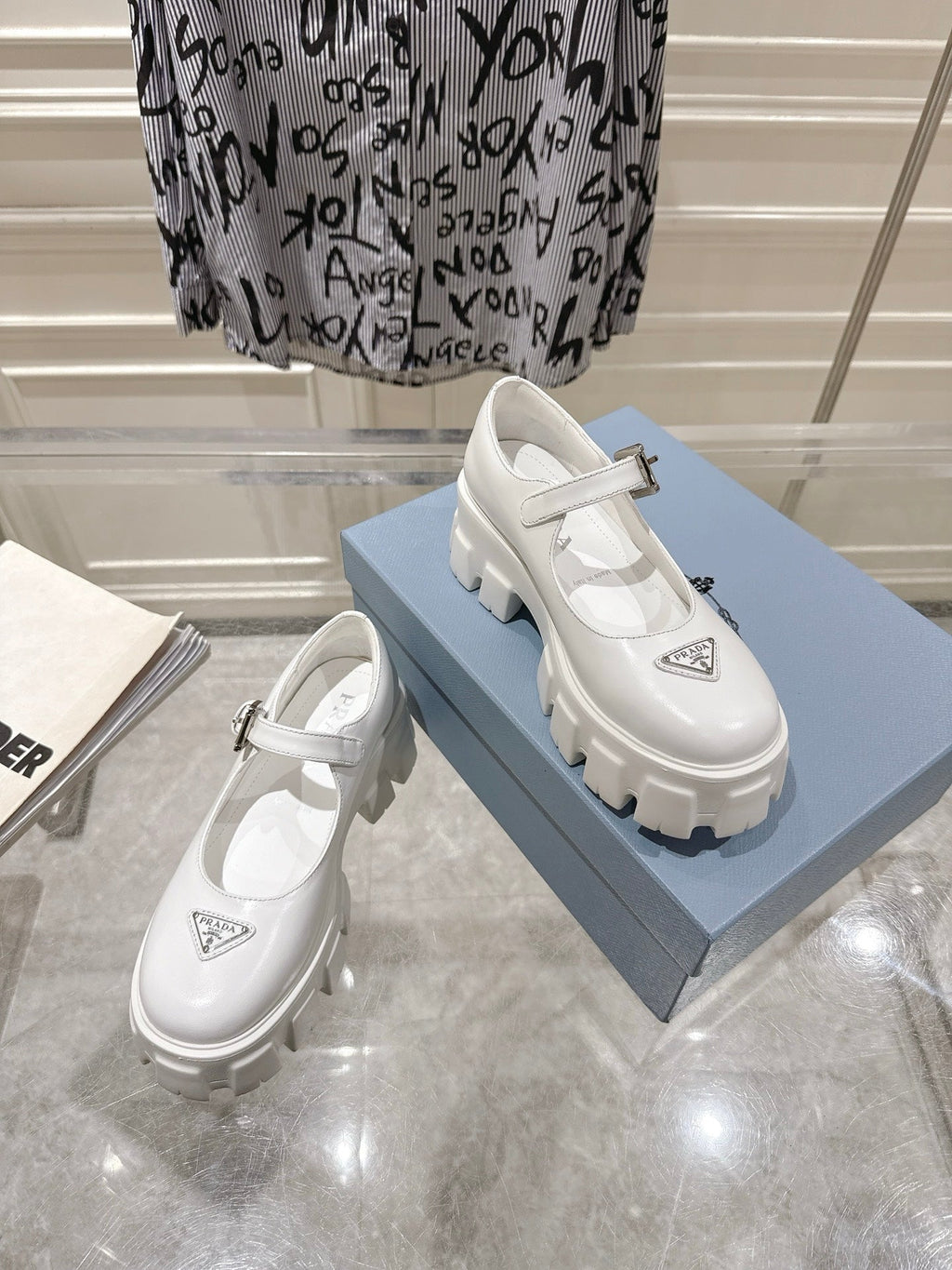 PRADA 26S MARY JANE SHOES 45MM IN WHITE CALFSKIN