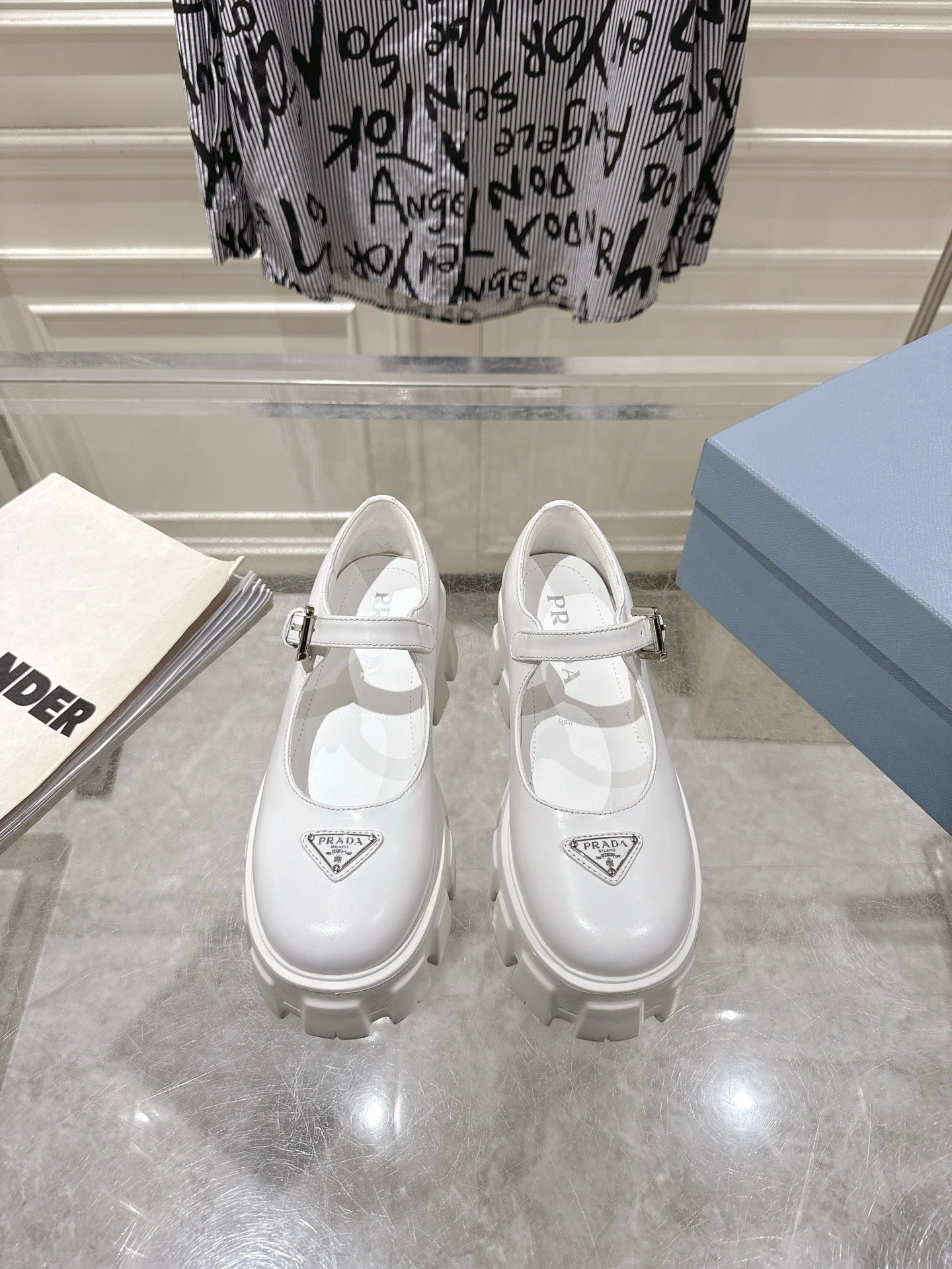 PRADA 26S MARY JANE SHOES 45MM IN WHITE CALFSKIN