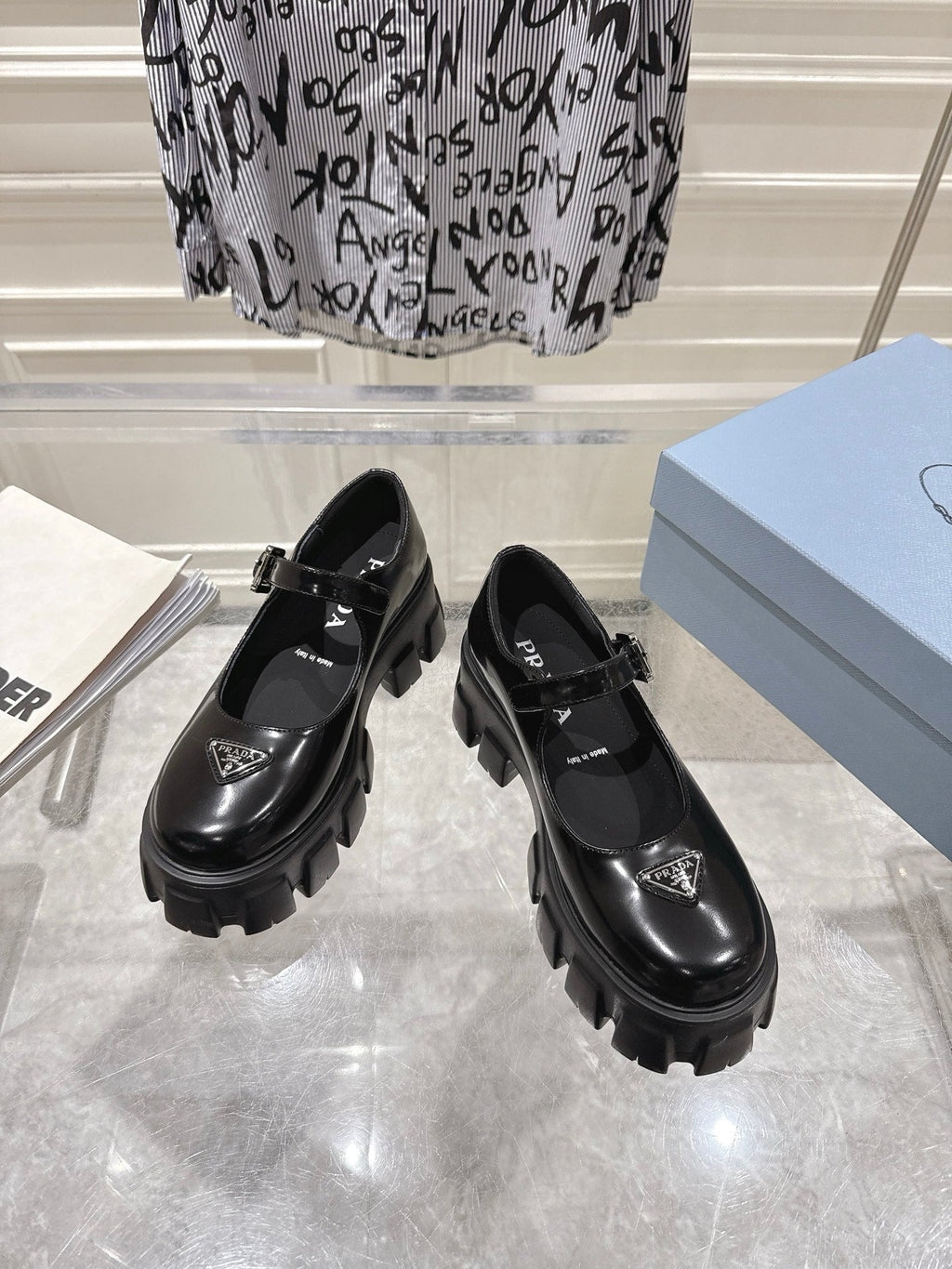 PRADA 26S MARY JANE SHOES 45MM IN BLACK SHINE CALFSKIN