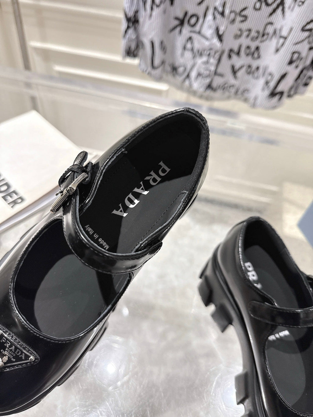 PRADA 26S MARY JANE SHOES 45MM IN BLACK SHINE CALFSKIN
