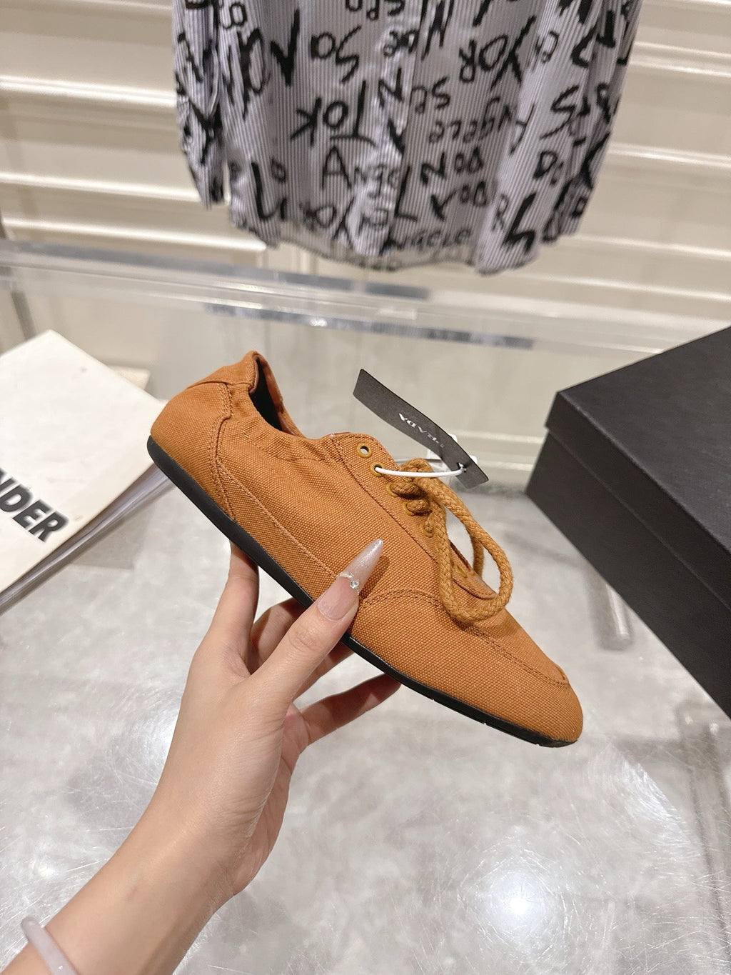 PRADA 26S COLLAPSE SNEAKERS IN CARAMEL BROWN CANVAS