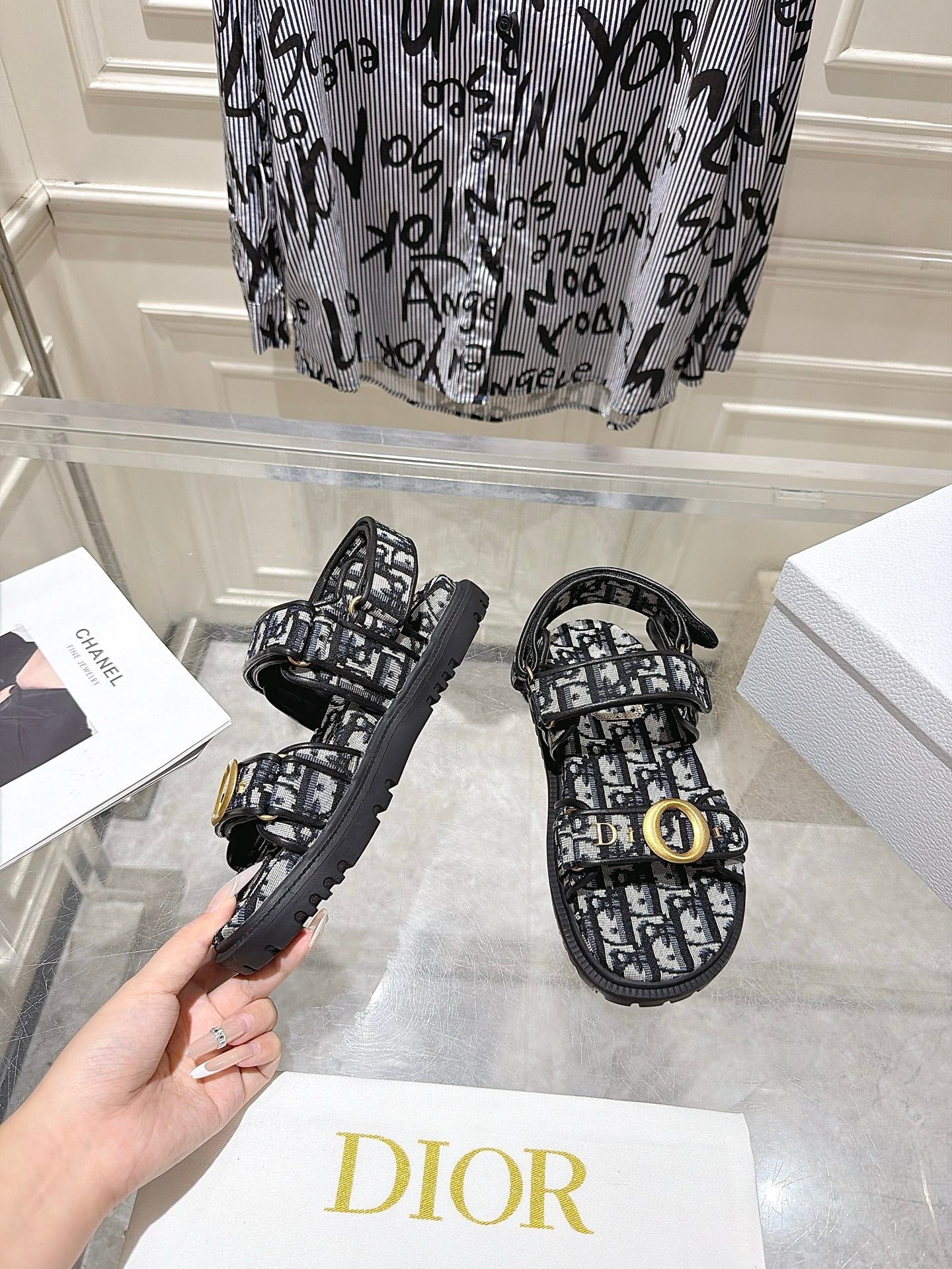 DIOR 26S VELCRO SANDALS IN BLACK MIX WHITE OBLIQUE CANVAS