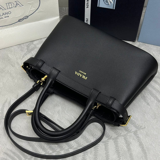 PRADA 25S BUCKLE MEDIUM HANDBAG 28 IN BLACK CALFSKIN GOLD HARDWARE