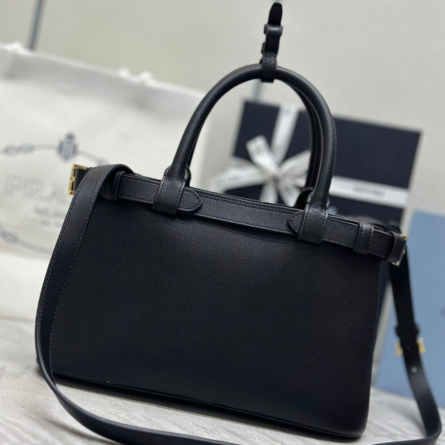 PRADA 25S BUCKLE MEDIUM HANDBAG 28 IN BLACK CALFSKIN GOLD HARDWARE