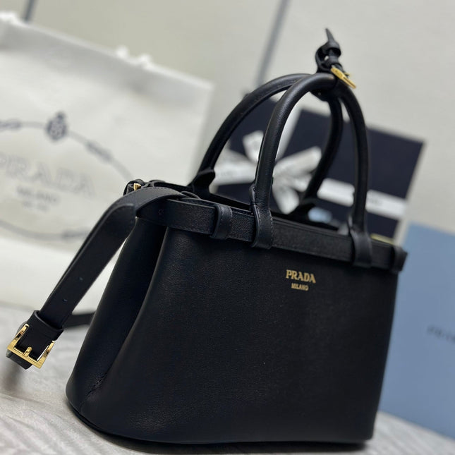PRADA 25S BUCKLE MEDIUM HANDBAG 28 IN BLACK CALFSKIN GOLD HARDWARE
