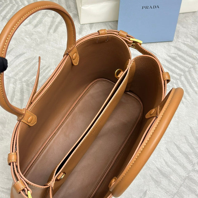 PRADA 25S BUCKLE MEDIUM HANDBAG 35 IN DARK CARAMEL CALFSKIN GOLD HARDWARE