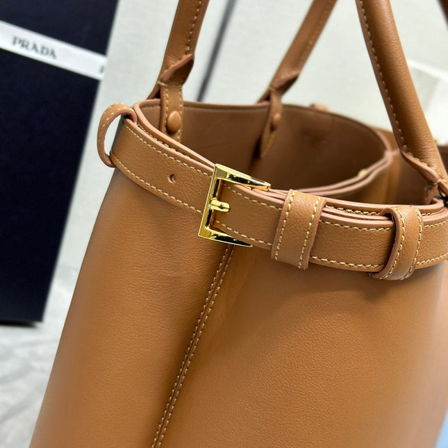 PRADA 25S BUCKLE MEDIUM HANDBAG 35 IN DARK CARAMEL CALFSKIN GOLD HARDWARE