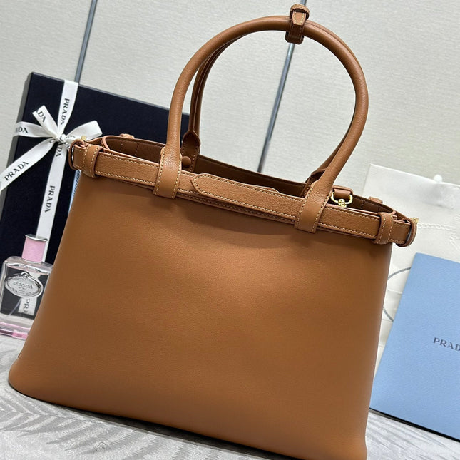 PRADA 25S BUCKLE MEDIUM HANDBAG 35 IN DARK CARAMEL CALFSKIN GOLD HARDWARE
