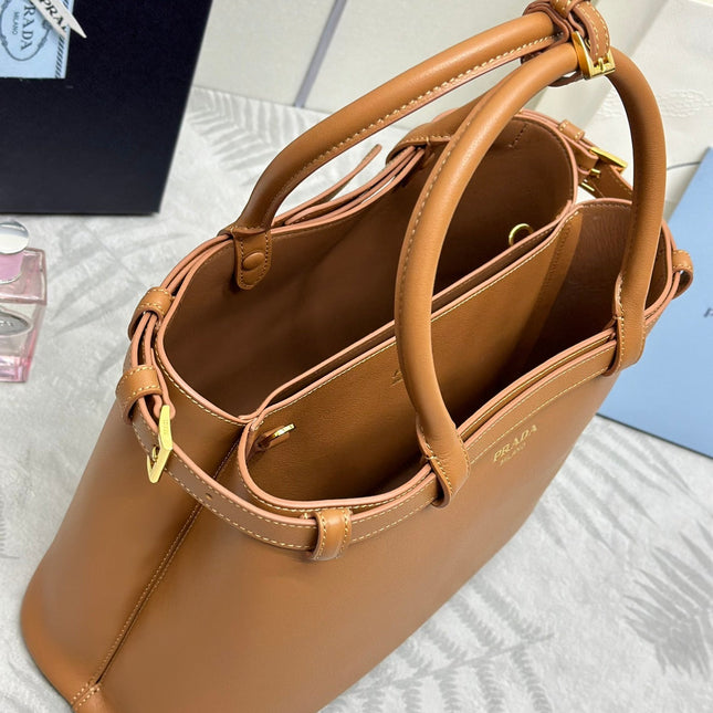 PRADA 25S BUCKLE MEDIUM HANDBAG 35 IN DARK CARAMEL CALFSKIN GOLD HARDWARE