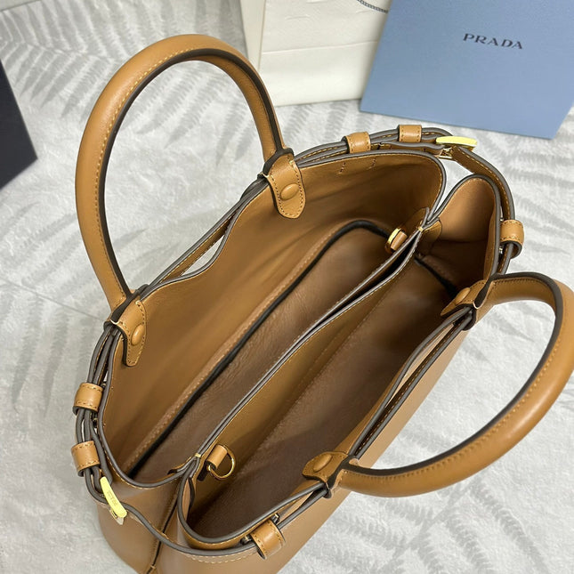 PRADA 25S BUCKLE MEDIUM HANDBAG 28 IN CARAMEL CALFSKIN GOLD HARDWARE