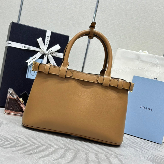 PRADA 25S BUCKLE MEDIUM HANDBAG 28 IN CARAMEL CALFSKIN GOLD HARDWARE