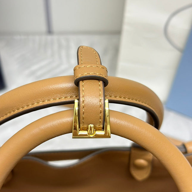 PRADA 25S BUCKLE MEDIUM HANDBAG 28 IN CARAMEL CALFSKIN GOLD HARDWARE